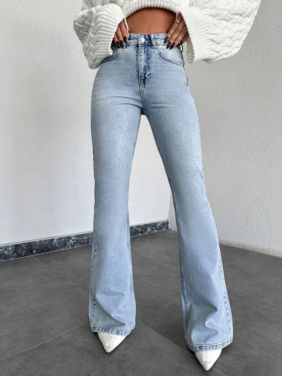 EURMUSE Casual Slim Fit Flare Leg Jeans - Light Wash - View 1