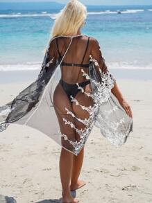 SHEIN Swim 1pc Embroidered Mesh Kimono Summer - Black and White - View 1