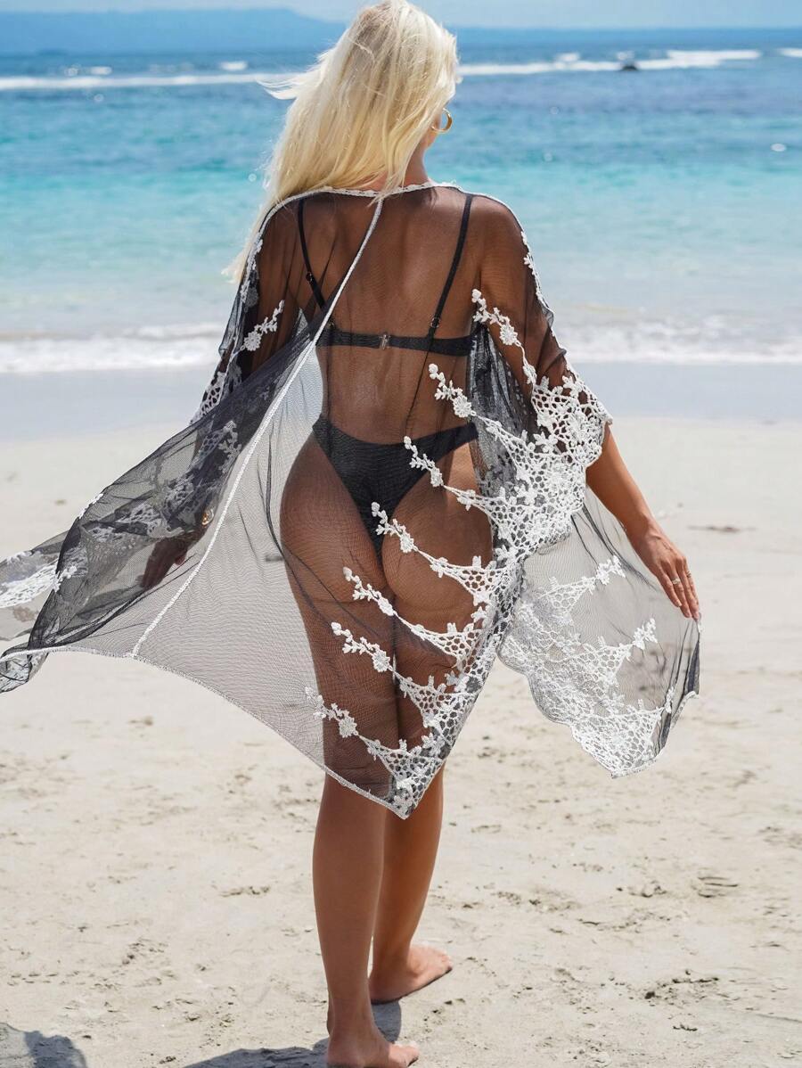 SHEIN Swim 1pc Embroidered Mesh Kimono Summer - Black and White - View 1