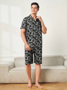 男士休閒鈕扣短袖印花襯衫和短褲居家套裝 - 黑色 - 查看 6