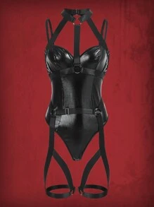 ROMWE Grunge Punk Bộ đồ liền thân dây nịt da PU Goth với 1 cặp Garter chân, đồ lót - màu đen - Xem 1