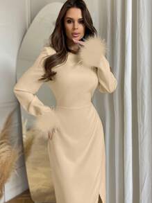 Firerie Vestido Con Dobladillo Con Abertura Y Mangas Patchwork Para Mujer