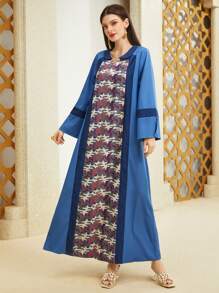 Al Najma Color Block Printed Splice Notched Neckline Dress Kaftan Jalabiya Dress - Blue - View 1