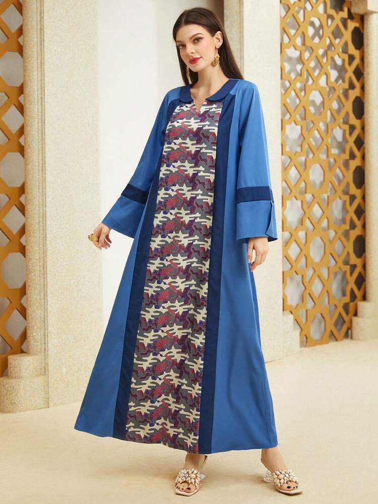 Color Block Printed Splice Notched Neckline Dress Kaftan Jalabiya Dress