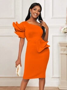 單肩誇張荷葉邊後背開衩緊身連衣裙 - 橘色 - 查看 4