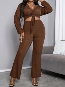 Maweii Plus Size Women's Shiny Pleated Crop Top And Long Pants Set - Rust Brown - View 5