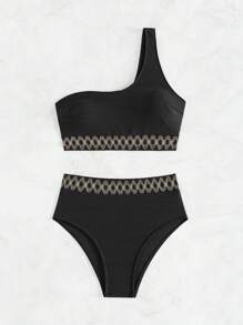 SHEIN Swim Women's One-Shoulder Sleeveless Geometric Pattern Bikini Set, Set Summer Beach - Black - View 5