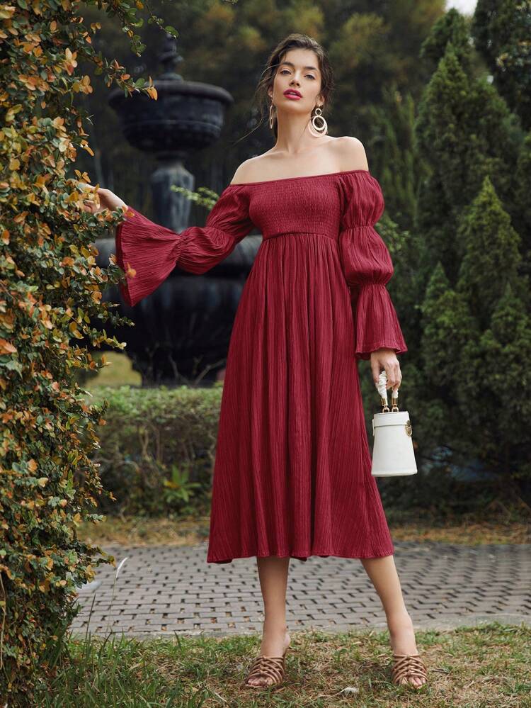 Burgundy Red Women's Off Shoulder Dress With Lotus Leaf Sleeves