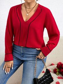 SHEIN LUNE Women's Plus Size V Neck Contrast Piping Shirt - Red - View 1