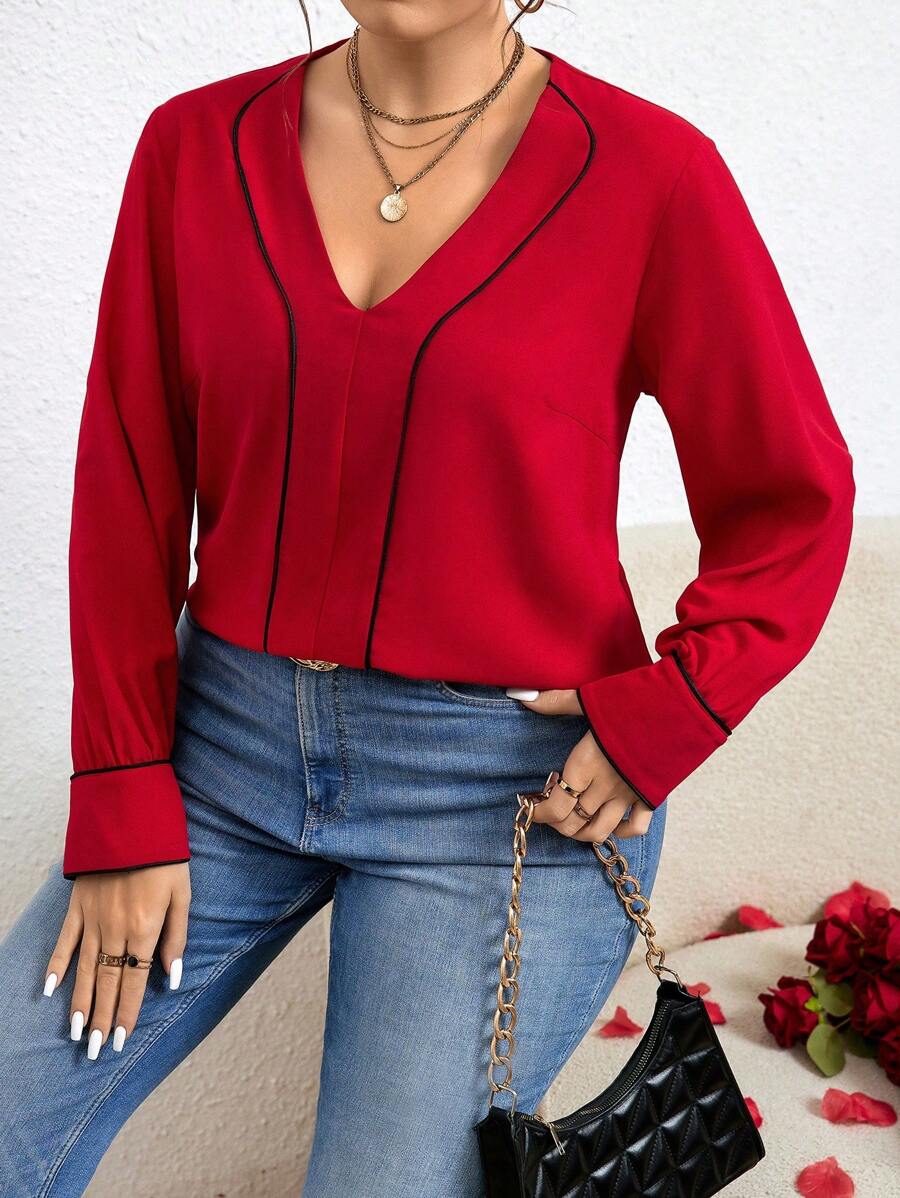 SHEIN LUNE Women's Plus Size V Neck Contrast Piping Shirt - Red - View 1