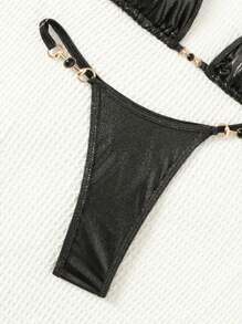 SHEIN Swim Conjunto de bikini triangular de unicolor para mujer, traje de baño de verano - Negro - Ver 6