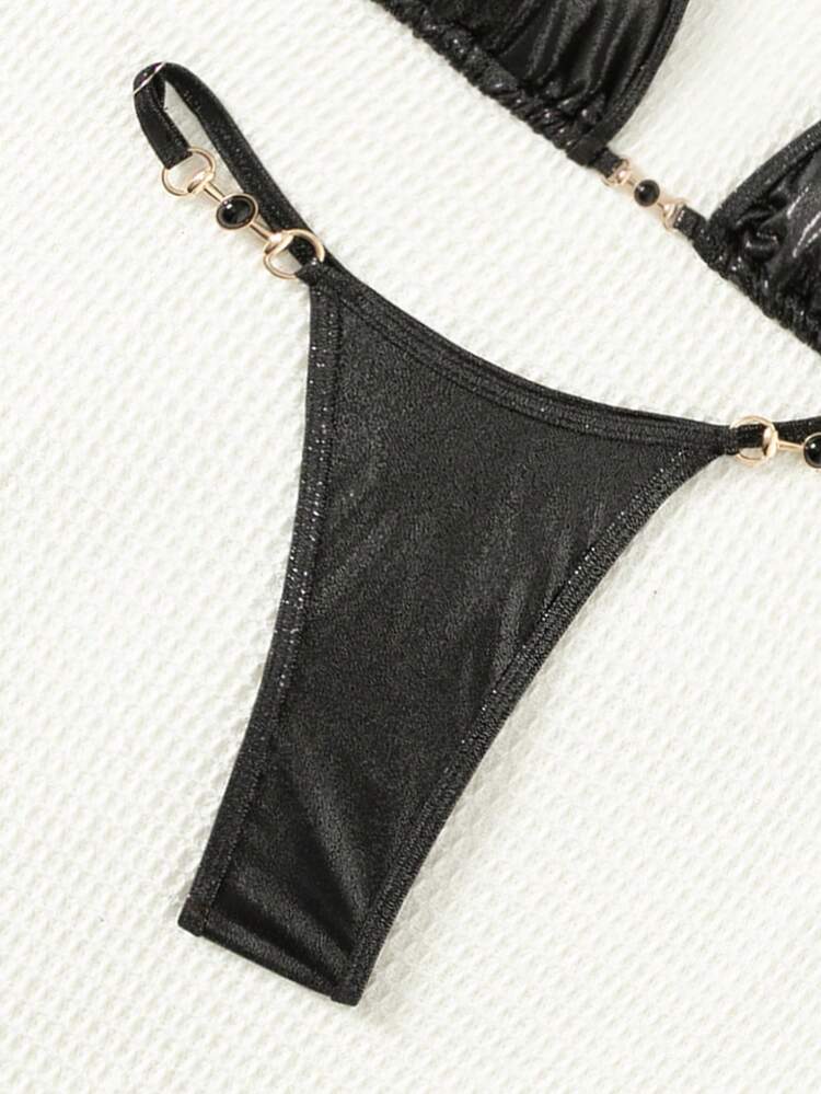 SHEIN Swim 女士纯色三角系带比基尼泳装套装夏季 - 黑色 - 查看 6