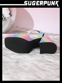 Sugerpunk 女士彩虹閃粉方頭踝帶粗跟高跟厚底鞋 - 彩色 - 查看 3
