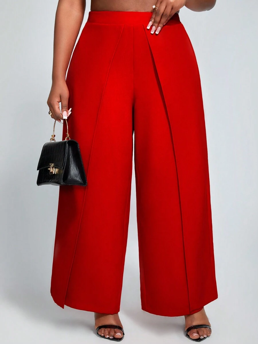 SHEIN Lady Pantalones Palazzo Sólidos Y Envolventes Para Mujer De Talla Grande - Rojo - Ver 1