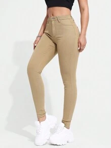SHEIN Essnce Enfärgad Mager Jeans - Kaki - Visa 5