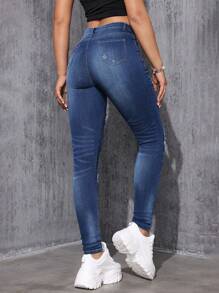 SHEIN EZwear Women's Slim Fit Ripped Jeans - Medium Wash - View 3