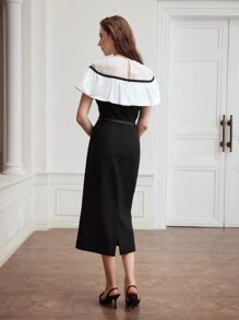 MOTF PREMIUM WOMEN'S WOVEN LACE COLORBLOCK SPLICE DRESS - Black and White - View 6