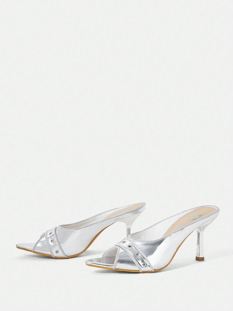 Women'S Silver Pointed Toe Chunky Mid Heel Fashion Shoes