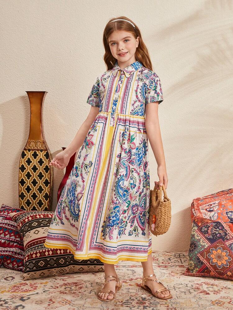 Tween Girls' Paisley Print Loose Fit Casual Short Sleeve Shirt Dress