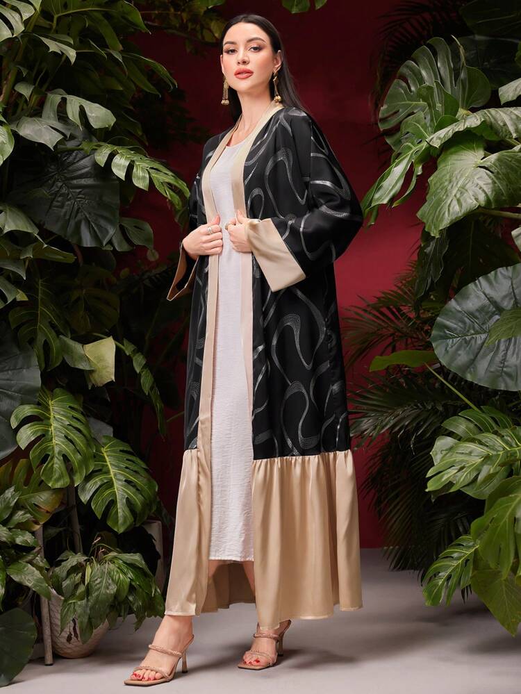 Color Block Kimono With Ruffled Hem, Muslim Fashion Abaya For Casual/Festival/Gathering/Travel