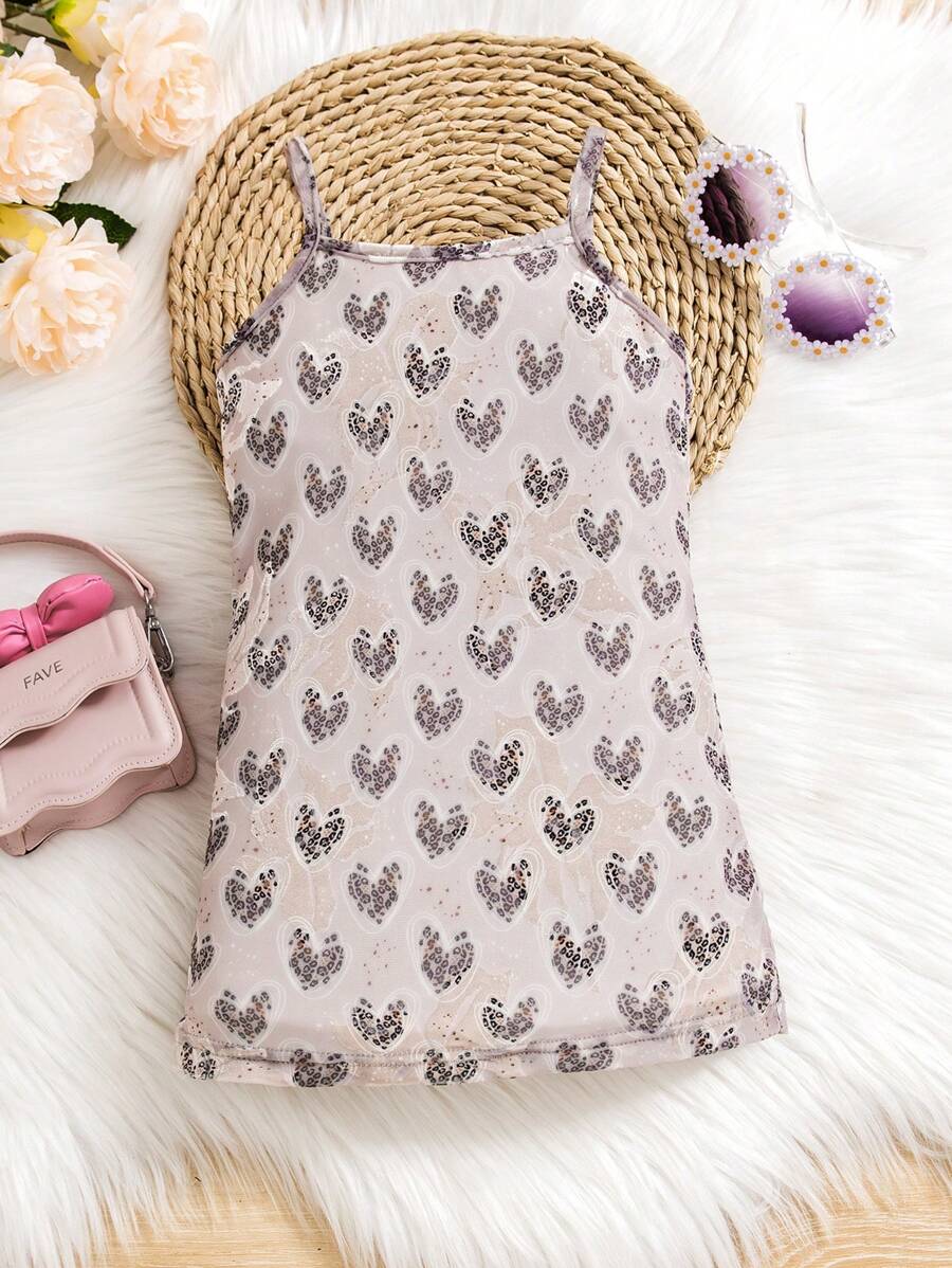 SHEIN 女嬰休閒愛心和豹紋細肩帶連衣裙，街頭風格，春夏款 - 彩色 - 查看 1