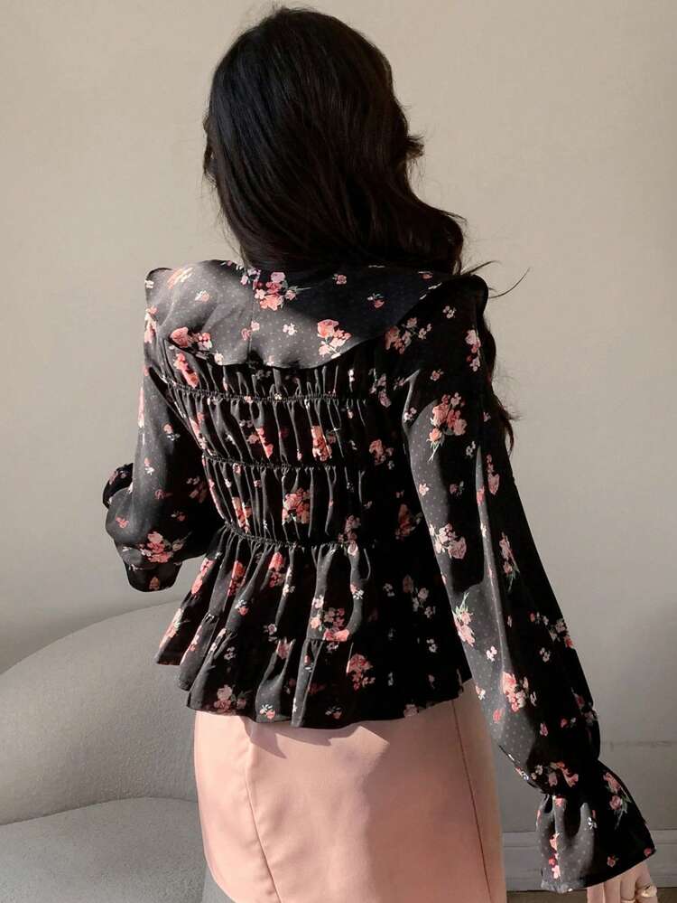 Floral Print Ruffle Edged Long Sleeve Blouse With Belt Vacation Outfits Women Easter Boho