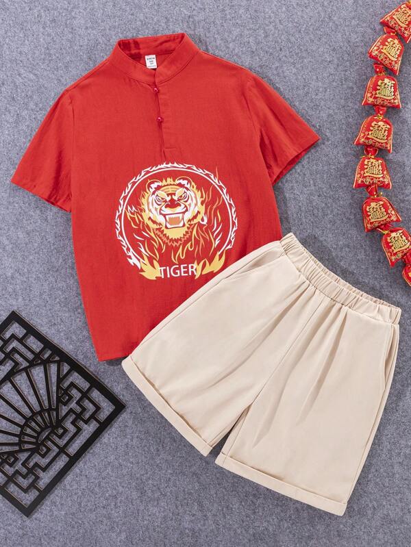 SHEIN Jungen In Der Zwischenalter Chinese Style Casual Kurzarm Stehkragen Shirt Und Shorts Set