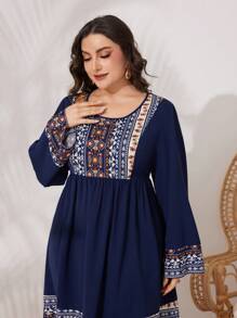 Al Najma Women's Plus Size Patchwork Printed Round Neckline Fit & Flare Dress Kaftan Jalabiya Dress - Navy Blue - View 6