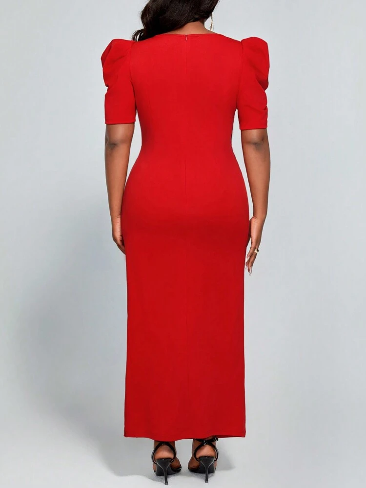 Plus Size Colorblock Split Hem Dress With Gigot Sleeve