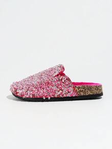 roulvxiang Novos chinelos de praia com lantejoulas para outono/inverno, sandálias de férias, chinelos rasos para uso doméstico, sandálias rasas sem cadarço para mulheres, mule - Rosa Avermelhado - Ver 4