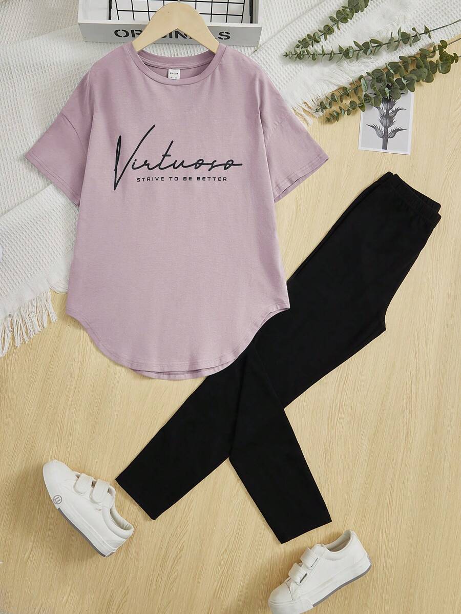 SHEIN 2 piezas/conjunto de atuendos casuales para niñas preadolescentes con parte superior y pantalones holgados de hombro caído con estampado de letras