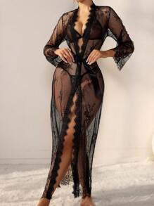 See-Through Lace Front-Tie Sexy Lingerie Set For Going Out - Black - View 4