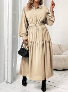 SHEIN Franclia 大尺碼女裝燈籠袖襯衫連衣裙 - 杏色 - 查看 1
