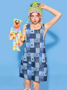 SHEINNeu Women's Blue Sleeveless Star Patchwork Pattern Printed Summer Dress