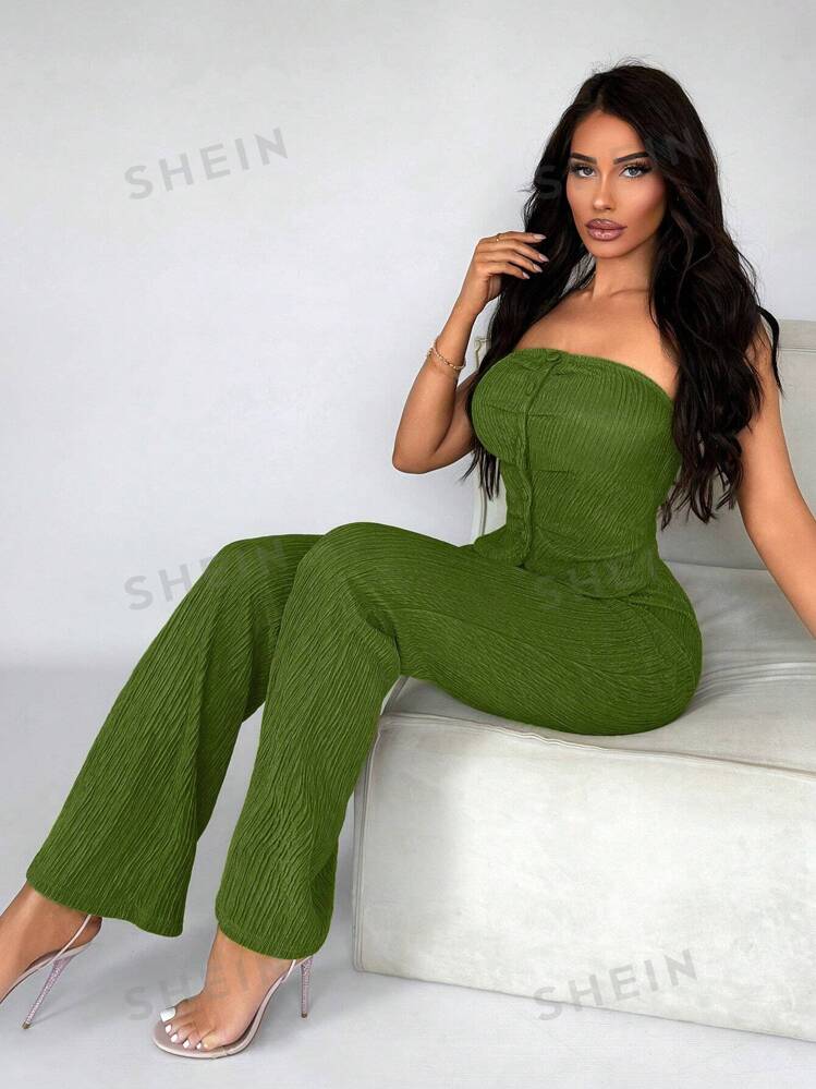 SHEIN SXY Set Di 2 Pezzi Per Donne Composto Da Canotta Tubolare Di Colore Pieno Con Tessuto A Rilievo E Pantaloni A Zampa SHEIN ITALIA