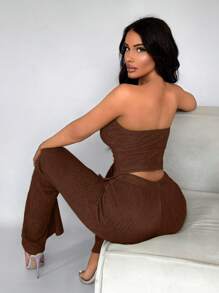SHEIN SXY Commute Minimalist Office Simple Satin Sexy Elegant Party Top & Long Pants Set - Brown - View 2
