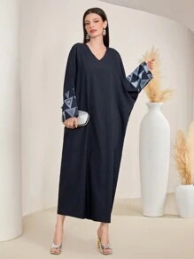 Al Najma Women's Geometric Printed V-Neck Kaftan With Patchwork Design - Navy Blue - View 3