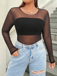 SHEIN EZwear Women's Plus Size Mesh Perspective Long Sleeve Top - Black - View 5