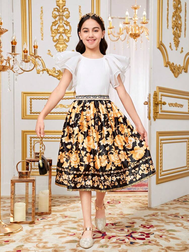 Tween Girls' Loose And Cute Round Neck Ruffle Hem T-Shirt & Flower Printed A-Line Skirt Set
