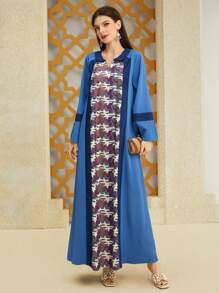 Al Najma Color Block Printed Splice Notched Neckline Dress Kaftan Jalabiya Dress - Blue - View 3