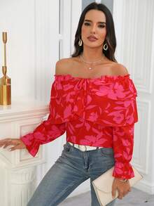 SHEIN LUNE Women'S Off-Shoulder Printed Asymmetrical Hem Blouse - Red - View 5