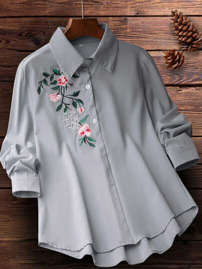 时尚女士刺绣优雅休闲衬衫、长袖上衣