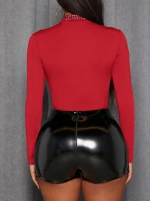 Slaydiva Women's Valentine's Day Sheer Bodycon Turtle Neck Rhinestone And Mesh Panel Bodysuit - Red - View 2