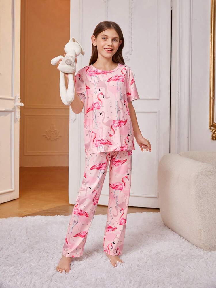 Tween Girls' Flamingo Print Short Sleeve Top And Pants Pajama Set, Household Clothing