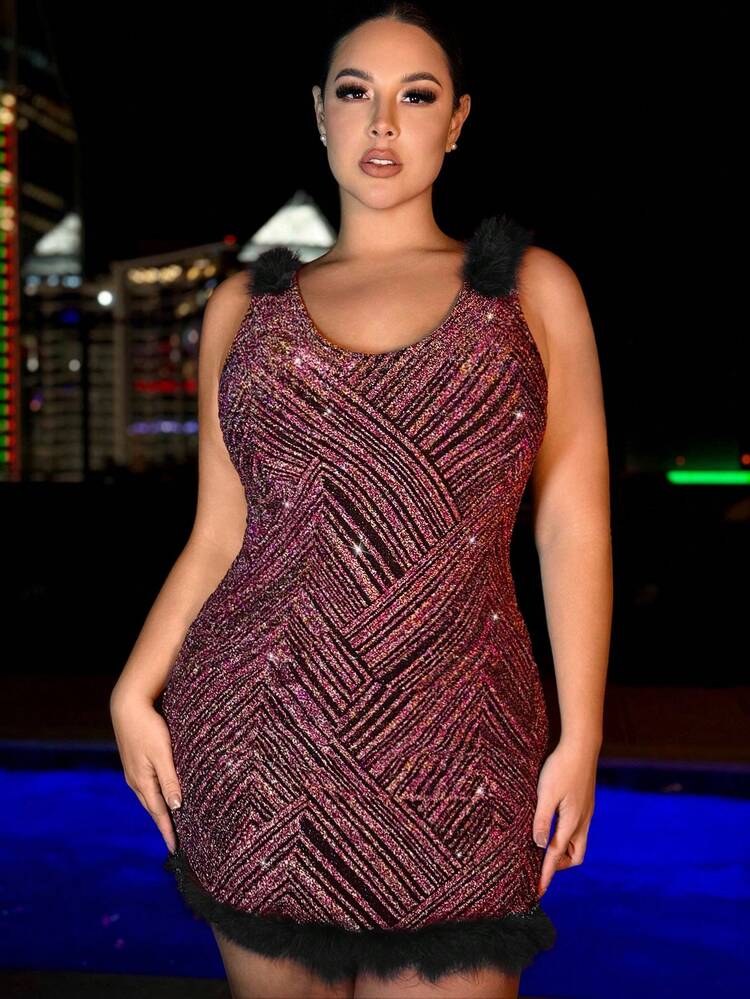 Women'S Plus Size Long Sleeve Printed Round Neck Plush Decorated Hem Patchwork Dress
