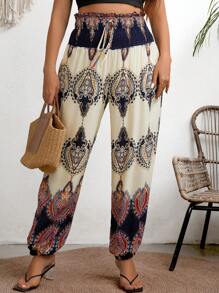 Breezaya 大尺碼女士花卉印花收縮腰褲 - 杏色 - 查看 1