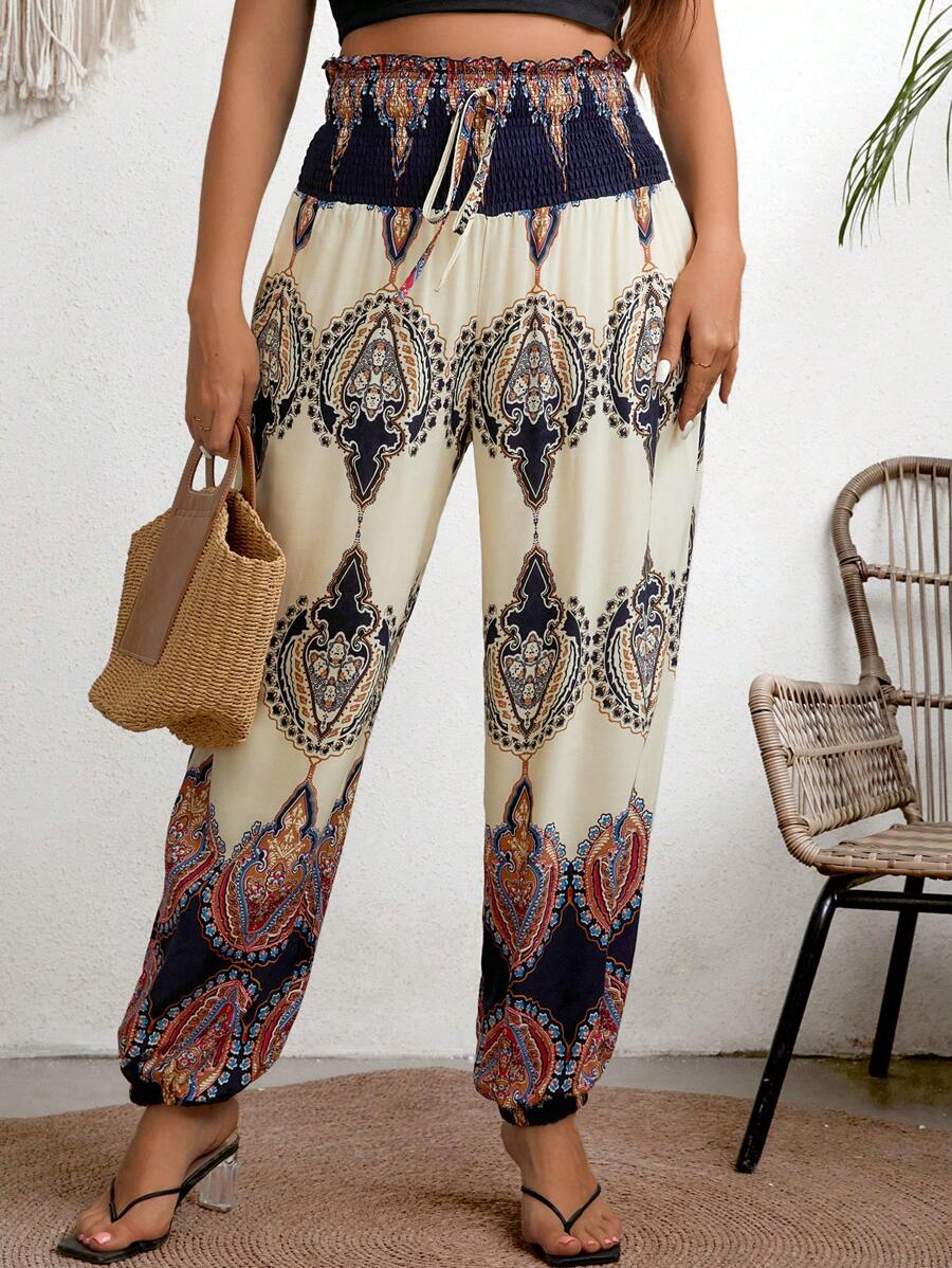 Breezaya 大尺碼女士花卉印花收縮腰褲 - 杏色 - 查看 1