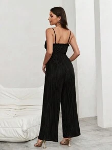 SHEIN Privé Salopetă elegantă pentru femei, plisată, cu picioare largi, cu garnitură cu volane și curea reglabilă, perfectă pentru vară și vacanță - Negru - Vizualizare 2