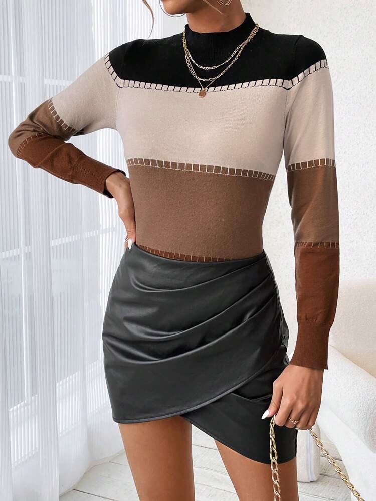 Women's Color Blocked Stand Collar Sweater, Knit Pullover Fall Winter