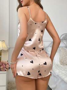 Heart Print Satin Cami & Shorts Pajama Set - Apricot - View 2